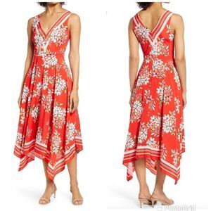VINCE CAMUTO Floral Print Midi Dress Sleeveless Handkerchief Hem‎ Red Size 2 New